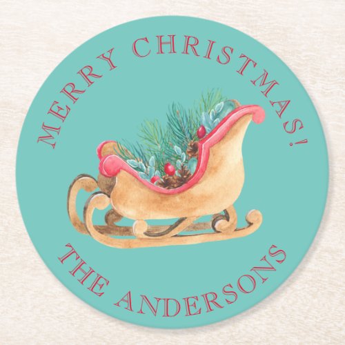 Pine Greenery Teal Merry Christmas Round Paper Coaster