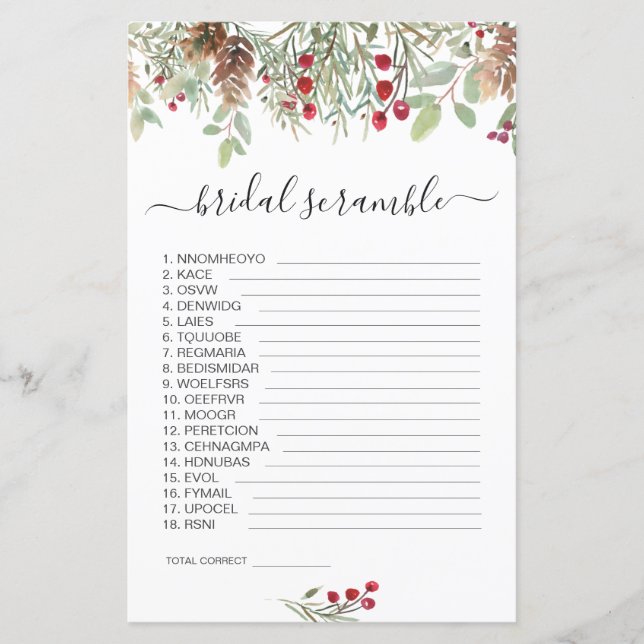Pine Greenery Word Scramble Bridal Shower Game  (Front)