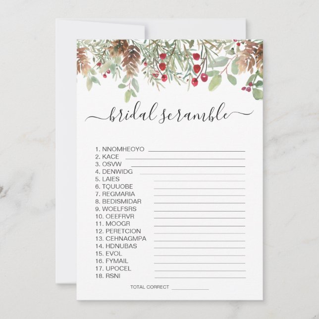 Pine Greenery Word Scramble Bridal Shower Game Invitation (Front)