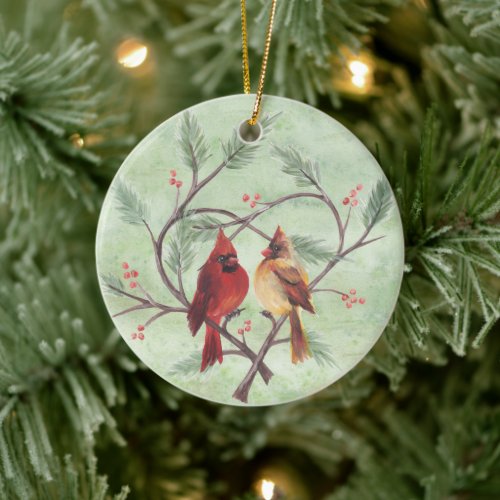 Pine Heart Cardinals on Green Ornament