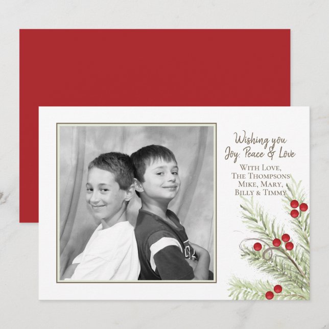 Pine Holly Berries Christmas Photo Card 1 Photo (Front/Back)