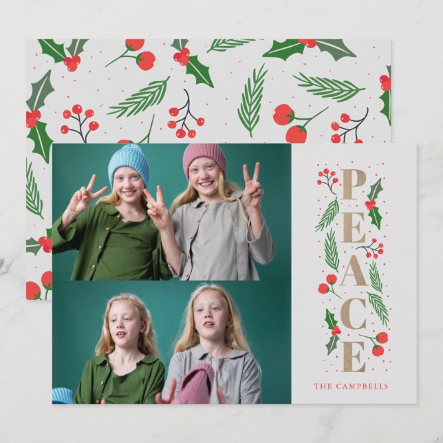 Pine Holly Berries Gold Peace Multiple Photo Holid Holiday Card (Front/Back)