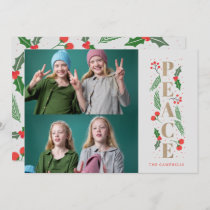 Pine Holly Berries Gold Peace Multiple Photo Holid Holiday Card