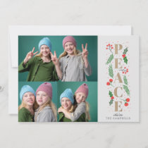 Pine Holly Berries Gold Peace Multiple Photo Holiday Card