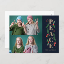 Pine Holly Berries Navy Peace Multiple Photo Holiday Postcard