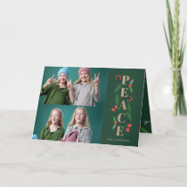 Pine Holly Berry Gold Peace Multiple Photo  Holida Holiday Card