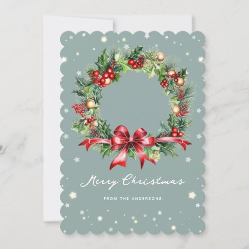Pine Holly Red Berries Wreath Family Photo Holiday Card