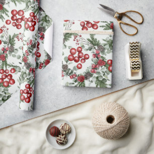 Pine Holly Red Floral Christmas Wrapping Paper