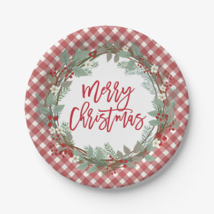 Pine & Holly Rustic Farmhouse Gingham Christmas Paper Plates