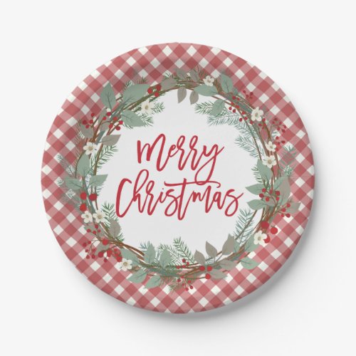 Pine  Holly Rustic Farmhouse Gingham Christmas Paper Plates