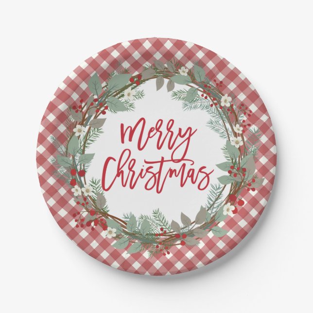 Pine & Holly Rustic Farmhouse Gingham Christmas Paper Plates (Front)