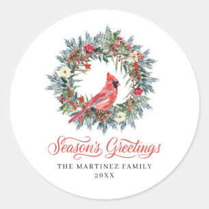 Pine Holly Wreath Cardinal Christmas Classic Round Classic Round Sticker