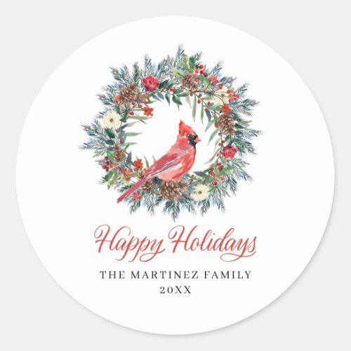 Pine Holly Wreath Cardinal Christmas Classic Round Sticker