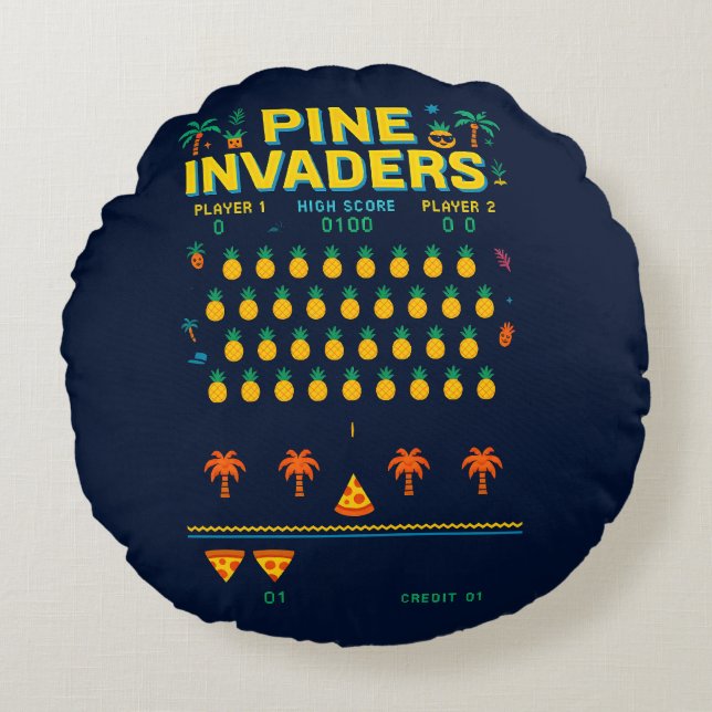 Pine Invaders-Pineapple Empire Retro Games Series Round Pillow (Front)