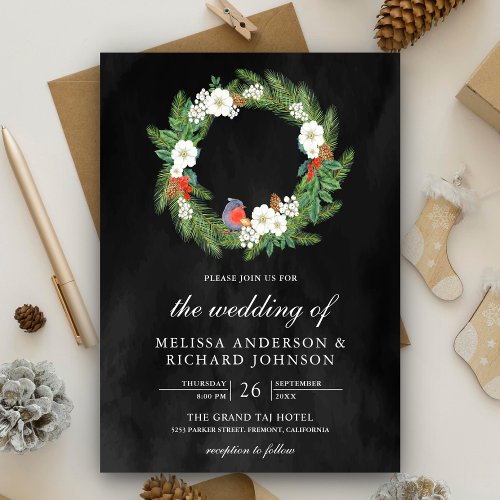 Pine Leaves Floral Wreath Black Christmas Wedding Invitation