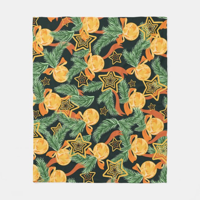 Pine leaves, stars: festive pattern fleece blanket (Front)