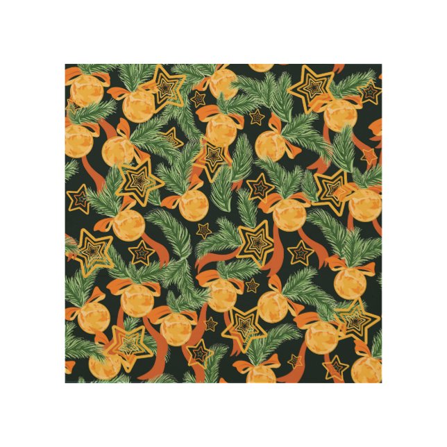 Pine leaves, stars: festive pattern wood wall art (Front)
