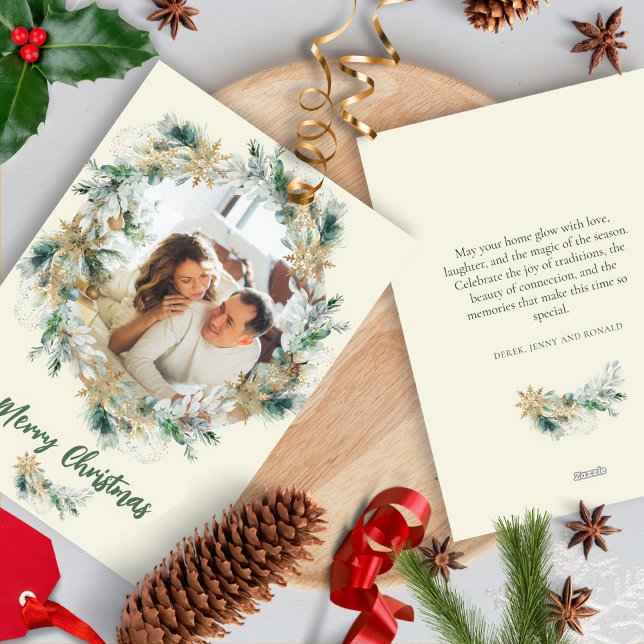 Pine Leaves Wreath Watercolor Snowflake Christmas Holiday Card (Creator Uploaded)