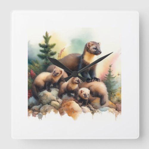 Pine Martens in Harmony 040624AREF111 _ Watercolor Square Wall Clock