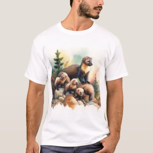 Pine Martens in Harmony 040624AREF111 _ Watercolor T_Shirt