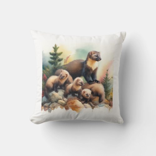 Pine Martens in Harmony 040624AREF111 _ Watercolor Throw Pillow