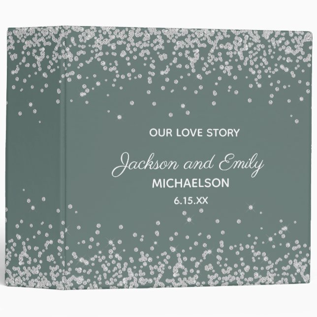 Pine Moss Green Silver Confetti Wedding Scrapbook 3 Ring Binder (Front/Spine)