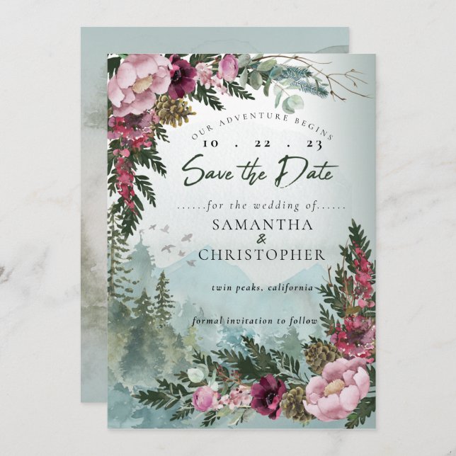 Pine Mountain Forest Burgundy Dusty Rose Save The Date (Front/Back)