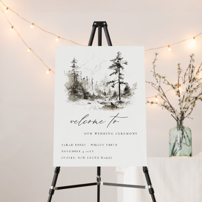 Pine Mountain Landscape Sketch Wedding Welcome Foam Board (In Situ (Stand))