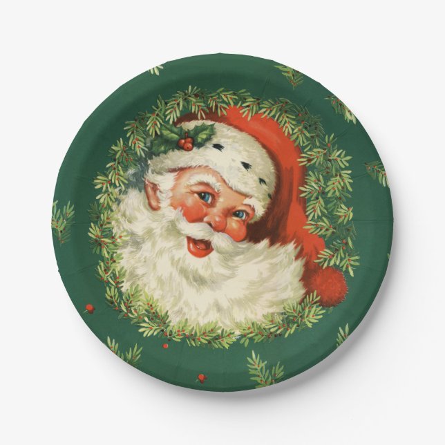 Pine Needle and Santa Christmas Paper Plates (Front)