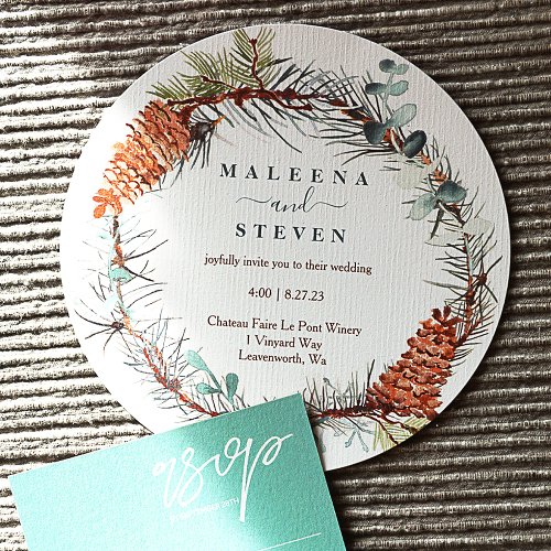 Pine Needle Eucalyptus Pinecone Wreath Wedding Invitation