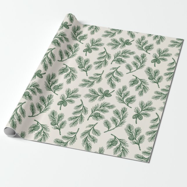 Pine Needle Lane - Botanical Pinecone Print Wrapping Paper (Unrolled)