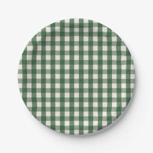 Pine Needle Lane - Pine Green Gingham Pattern Paper Plates