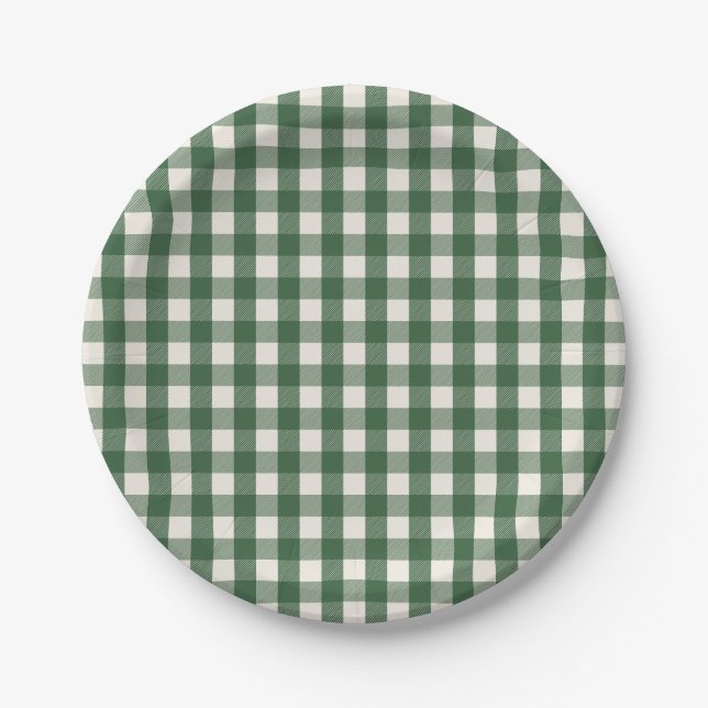 Pine Needle Lane - Pine Green Gingham Pattern Paper Plates (Front)