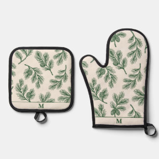 Pine Needle Lane-Pinecone Print & Monogram Accent Oven Mitt & Pot Holder Set