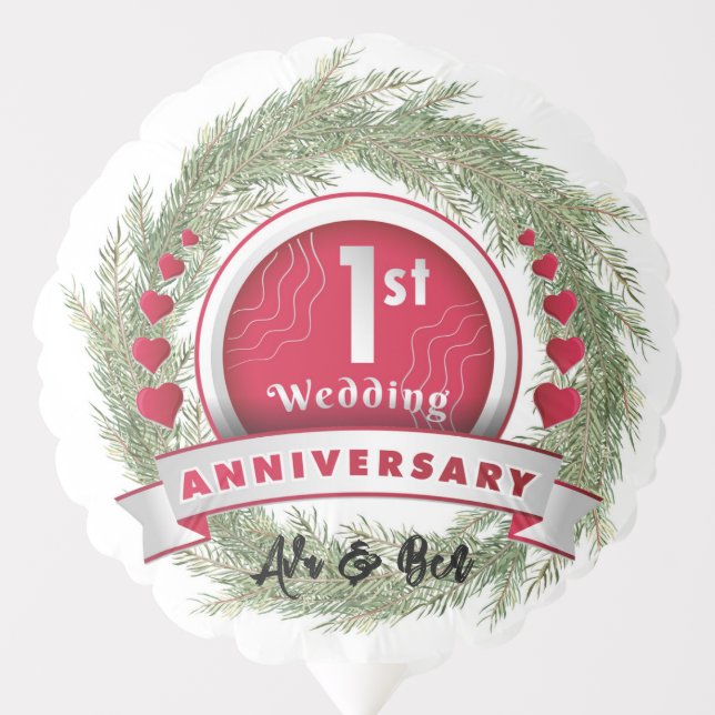 Pine Needle Wreath Red 1st Wedding Anniversary  Balloon (Front)