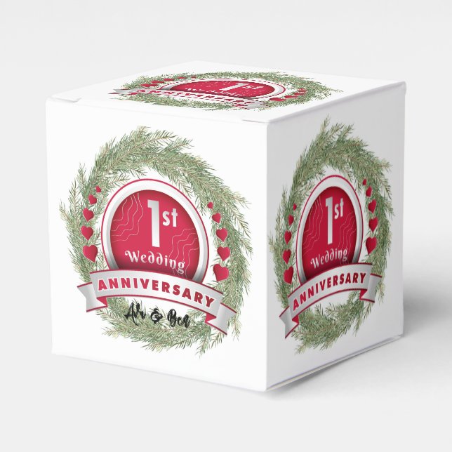 Pine Needle Wreath Red 1st Wedding Anniversary  Favor Boxes (Front Side)