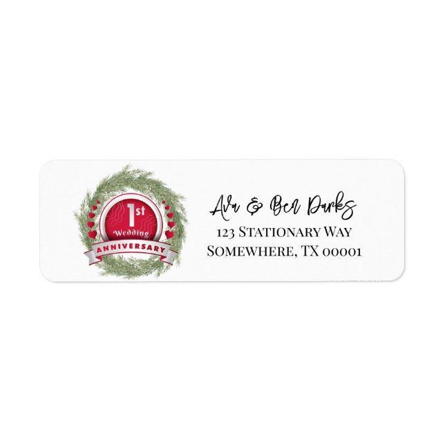Pine Needle Wreath Red 1st Wedding Anniversary Label (Front)