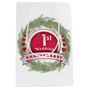 Pine Needle Wreath Red 1st Wedding Anniversary  Medium Gift Bag