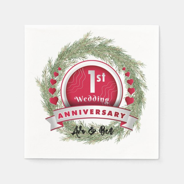 Pine Needle Wreath Red 1st Wedding Anniversary  Napkins (Front)