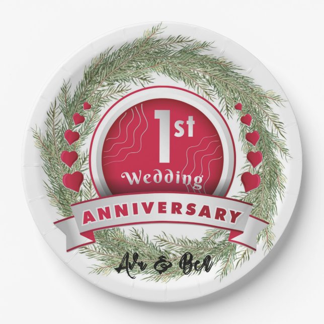 Pine Needle Wreath Red 1st Wedding Anniversary  Paper Plates (Front)