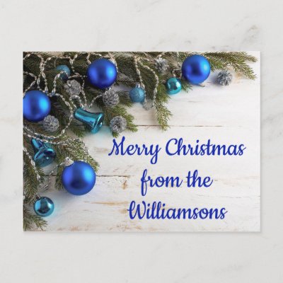 Pine Needles, Cones and Blue Ornaments Christmas