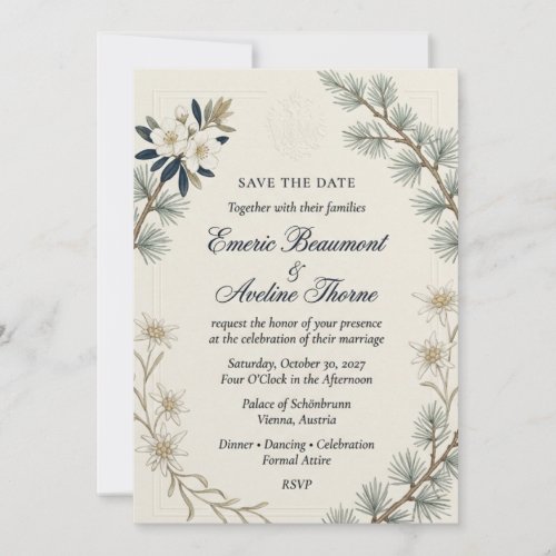 Pine Needles, Edelweiss, White Blossoms, Embossed Invitation