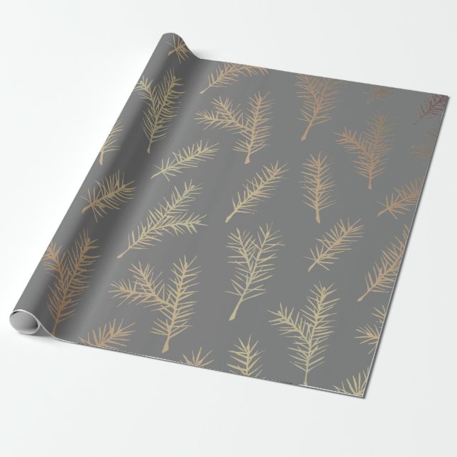 PINE NEEDLES GREY AND YELLOW WRAPPING PAPER (Unrolled)