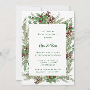 Pine Needles Red Berry Christmas Engagement Party Invitation