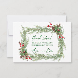 Pine Needles Red Berry Christmas Thank You Card