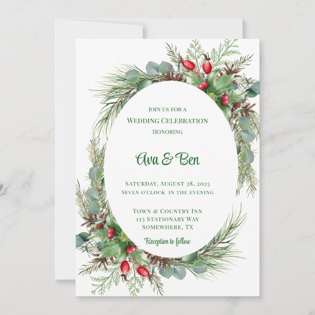 Pine Needles Red Berry Christmas Wedding Invitation (Front)