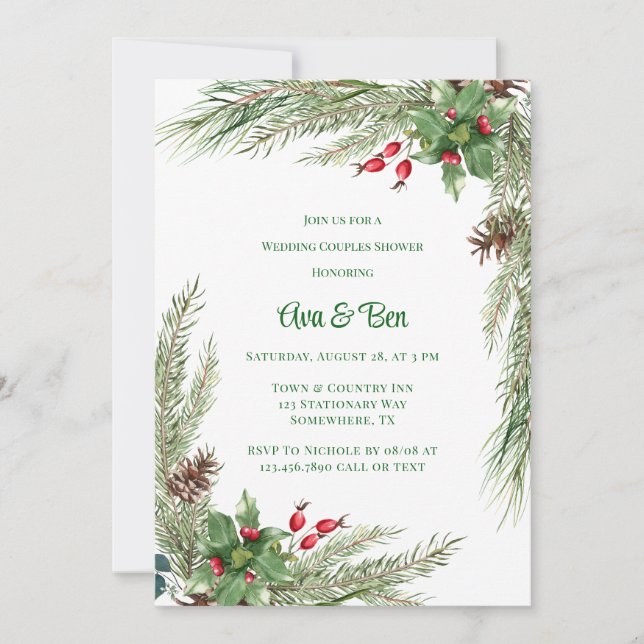 Pine Needles Red Berry Wedding Couples Shower Invitation (Front)