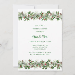 Pine Needles Red Berry Wedding Shower Invitation