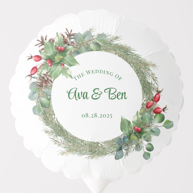 Pine needles red berry wreath wedding balloon (Front)