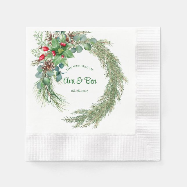 Pine needles red berry wreath wedding napkins (Front)